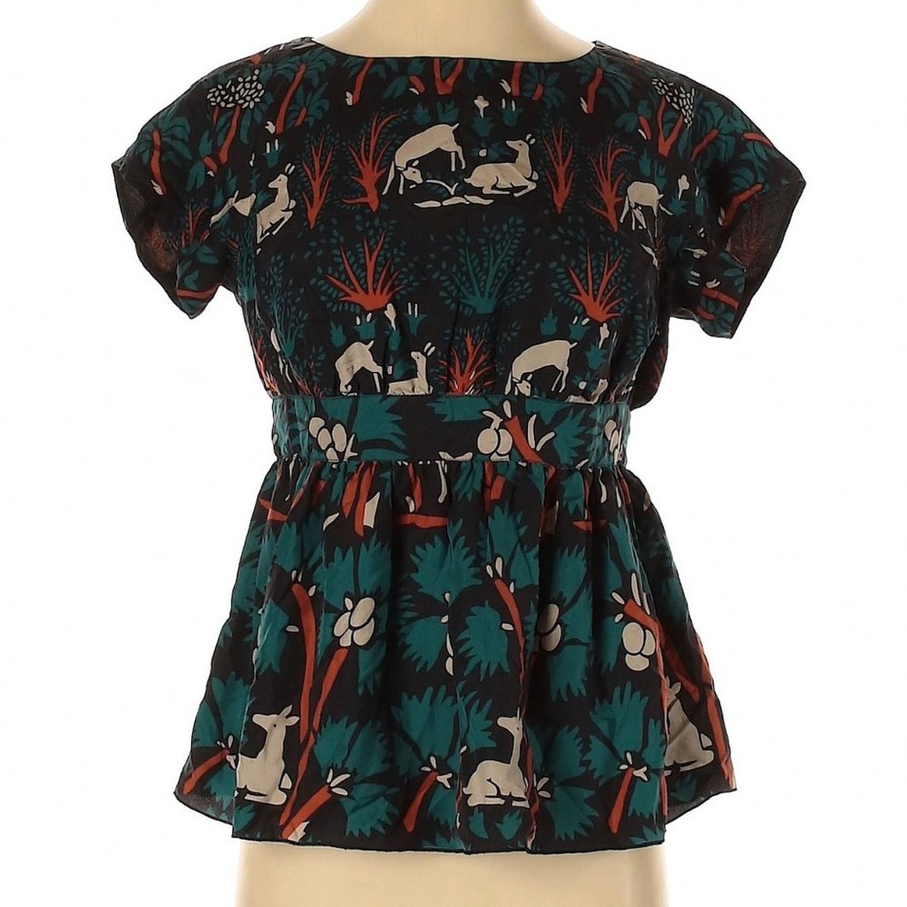 ANNA SUI x ANTHROPOLOGIE | Roe Habitat Blouse Deer Animal Print Silk Forest Boho